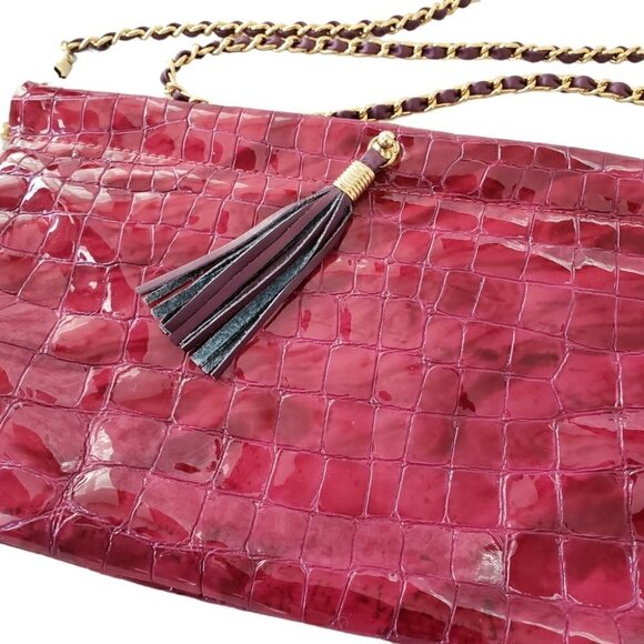 Miss Mak Montreal Pink Patent Leather Croc Embossed Clutch Chain Strap - Picture 3 of 9